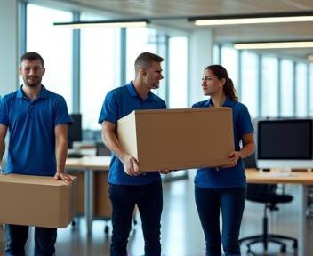 Équipe en train de déplacer du matériel de bureau